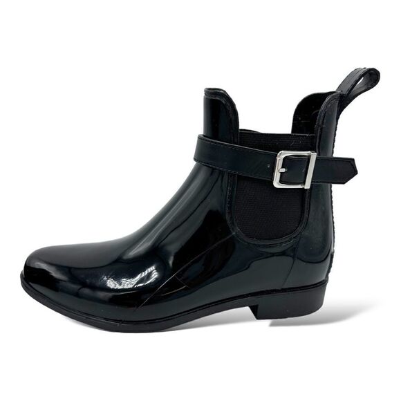 Marc Fisher Women's 6 Rainy Black Glossy Ankle‎ Rain Bootie Buckle Boot Sz 7 - Picture 1 of 11